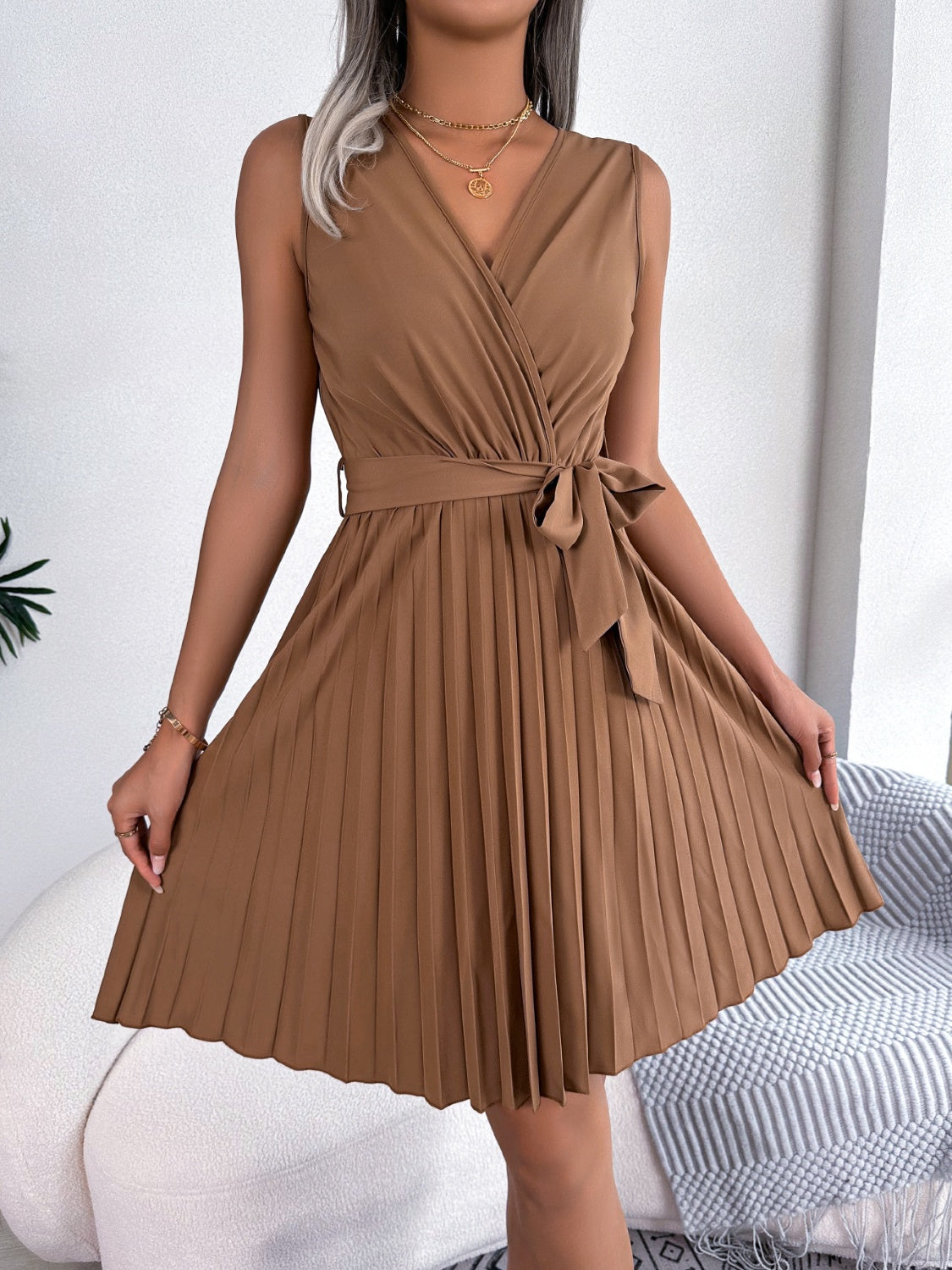 Tied Surplice Sleeveless Pleated Dress-Angel Casuals