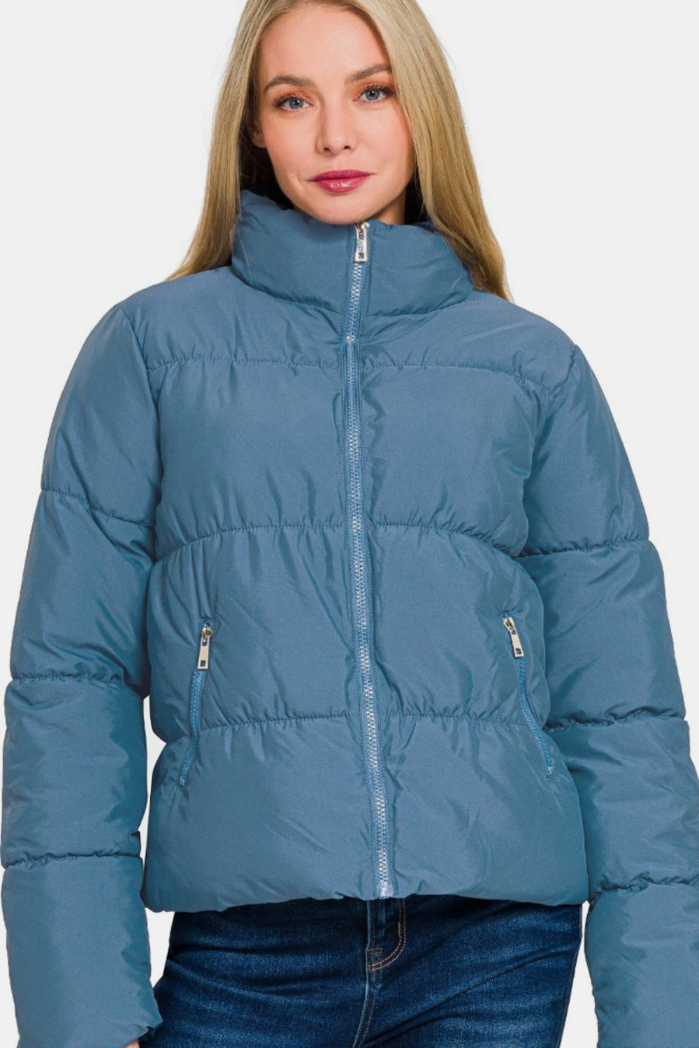 Zenana Zip Up Turtleneck Puffer Jacket with Pockets-Angel Casuals