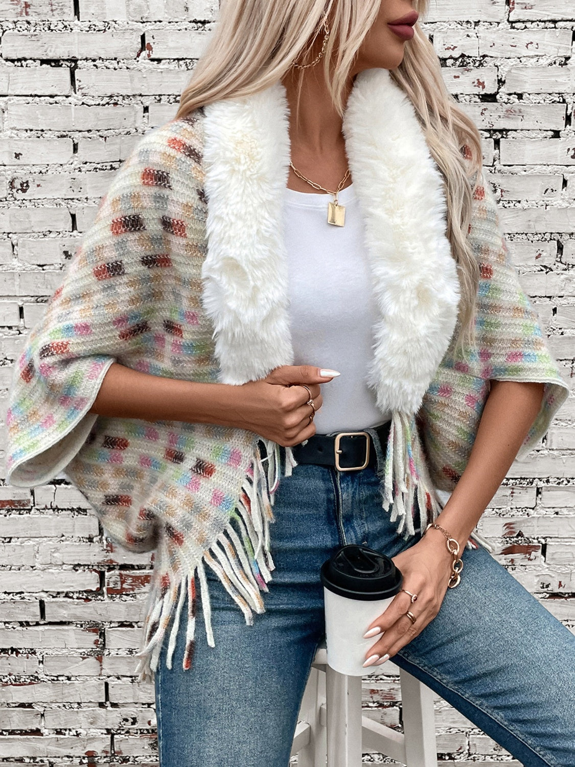 Fringe Fuzzy Open Front Poncho-Angel Casuals