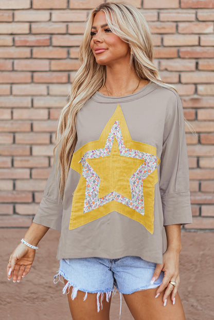 Star Applique Round Neck T-Shirt-Angel Casuals