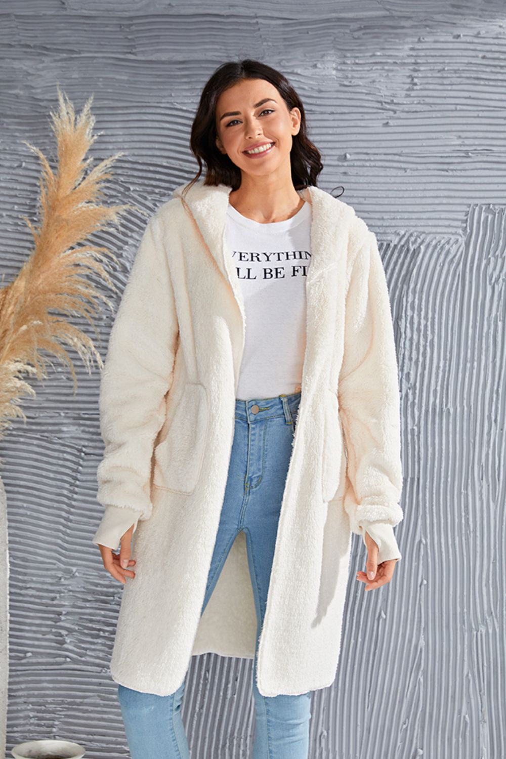 Double Take Full Size Hooded Teddy Bear Jacket with Thumbholes-Angel Casuals
