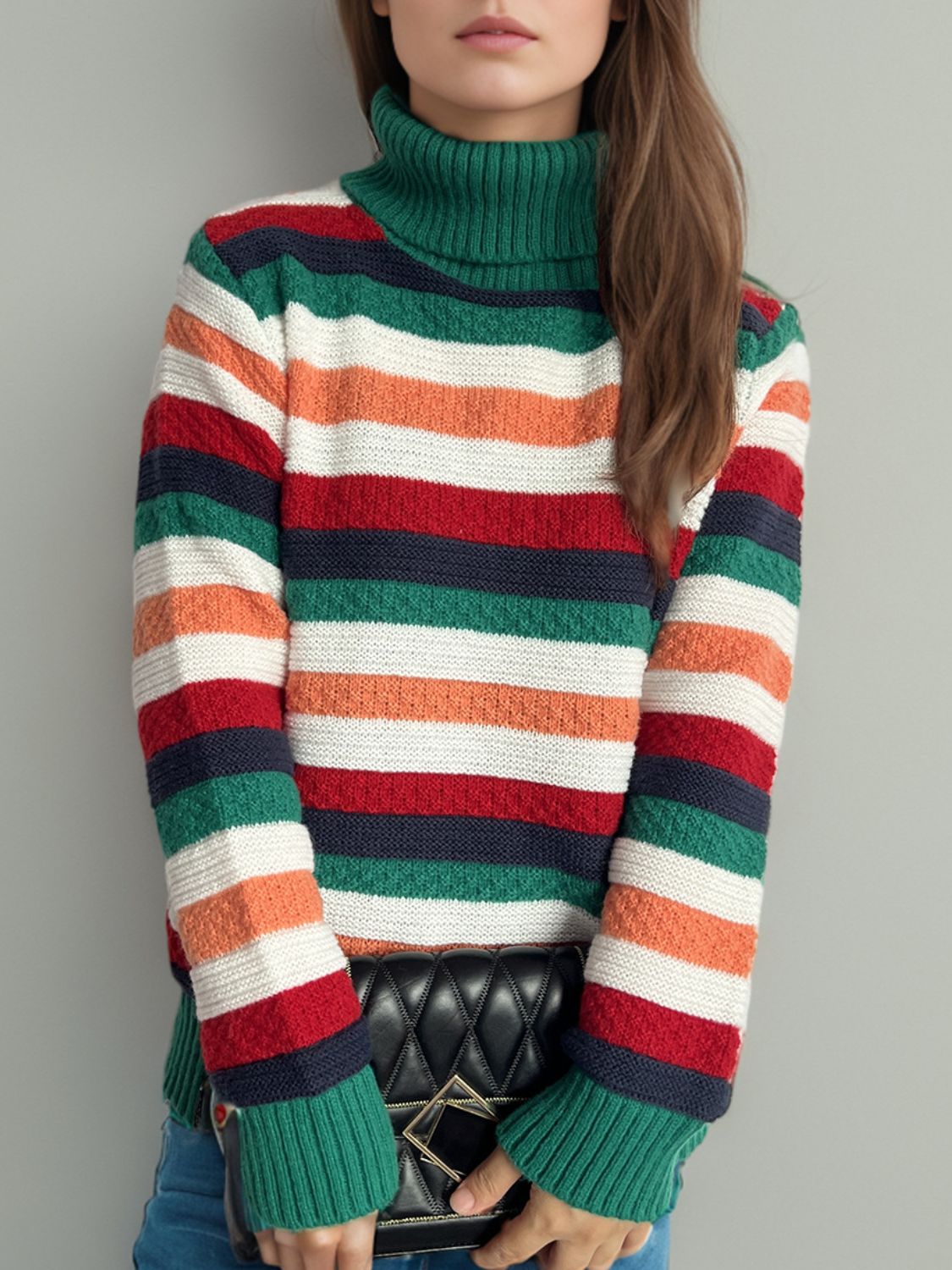 Contrast Stripes Turtleneck Long Sleeve Sweater-Angel Casuals