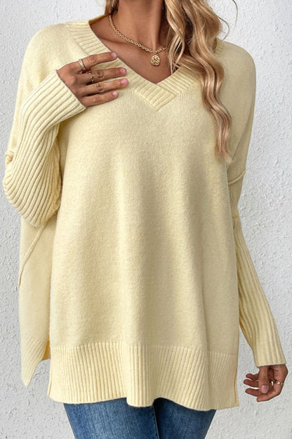 Slit V-Neck Dropped Shoulder Sweater-Angel Casuals