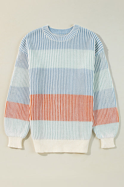 Striped Color Block Round Neck Long Sleeve Sweater-Angel Casuals