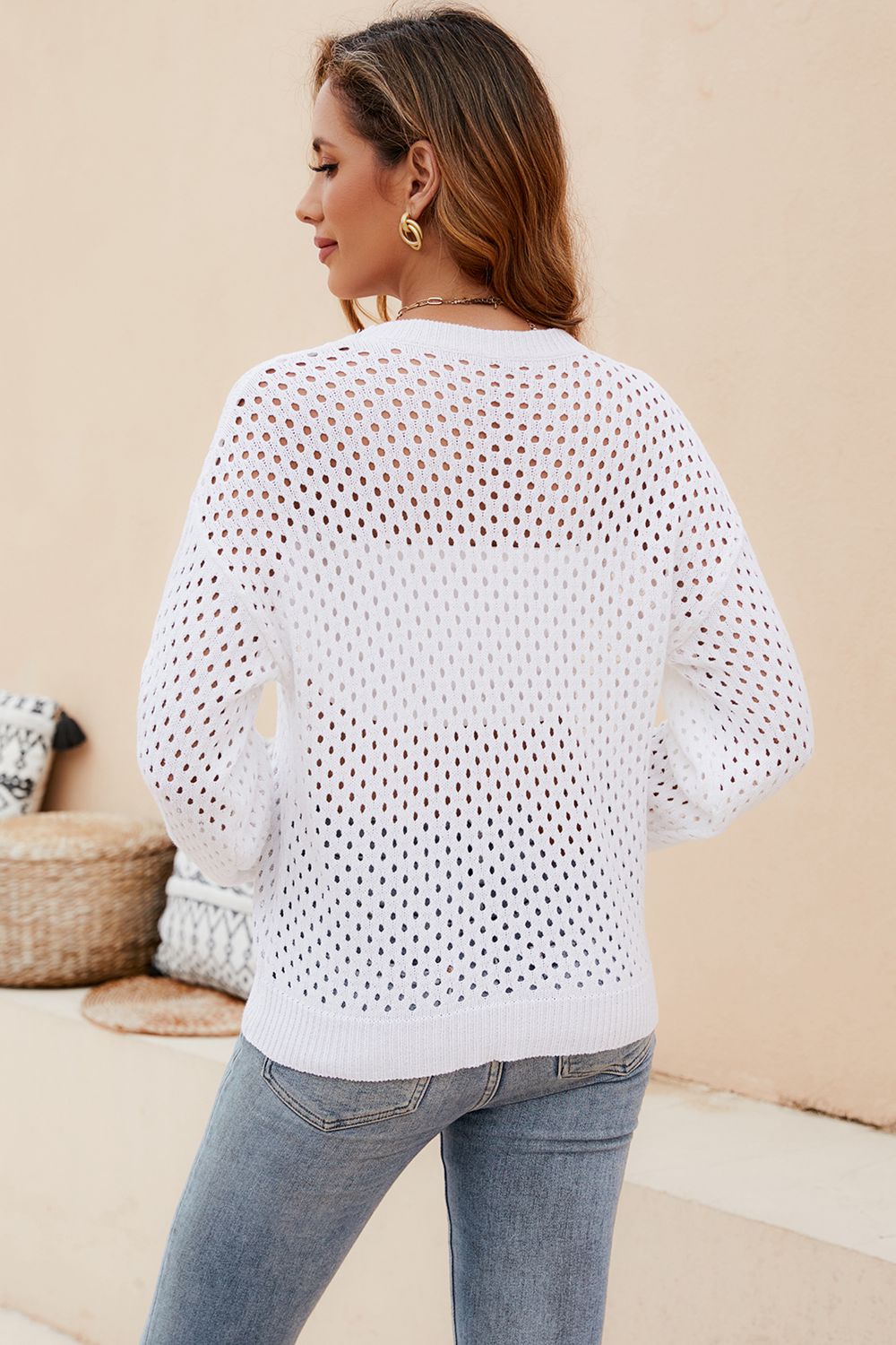 Round Neck Openwork Dropped Shoulder Knit Top-Angel Casuals