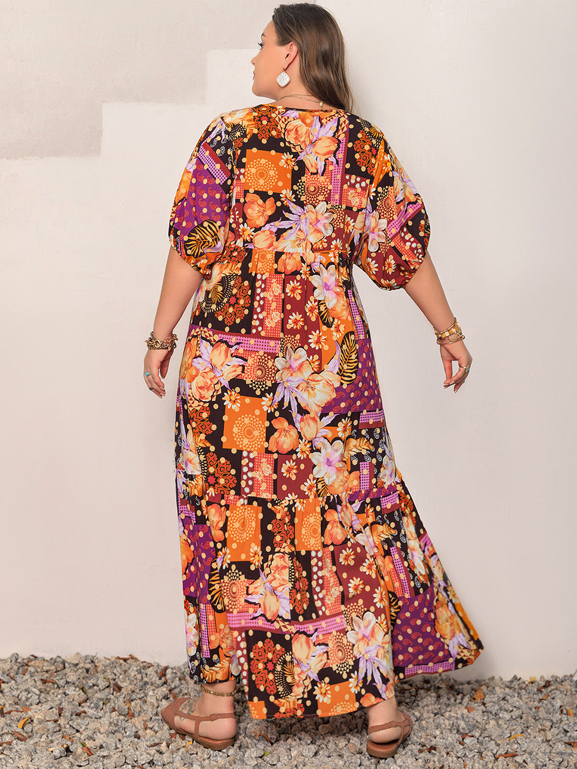 Plus Size Printed V-Neck Half Sleeve Maxi Dress-Angel Casuals