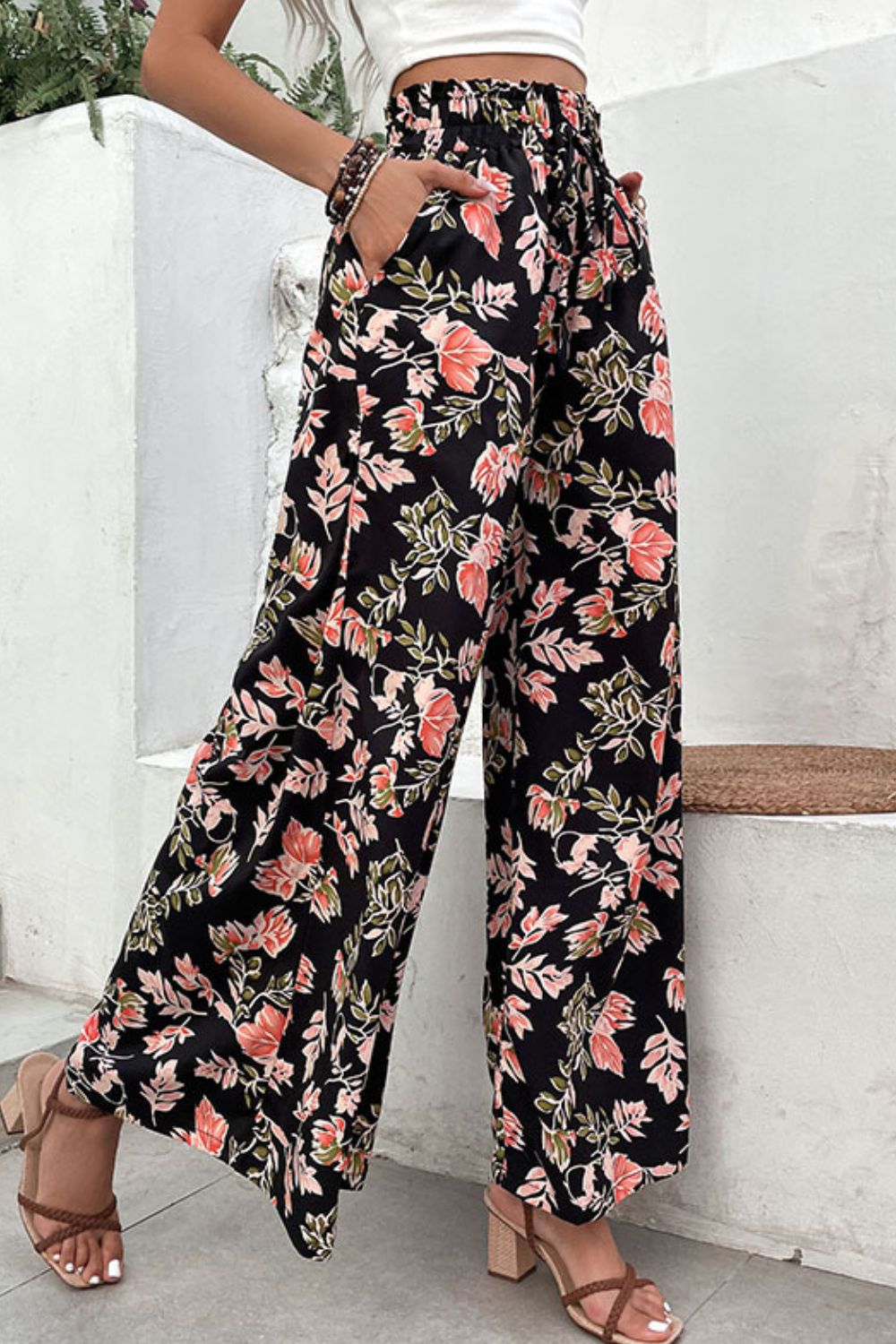 Floral Pull-On Wide Leg Pants-Angel Casuals