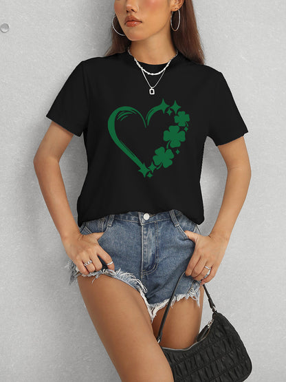 Heart Lucky Clover Round Neck Short Sleeve T-Shirt-Angel Casuals