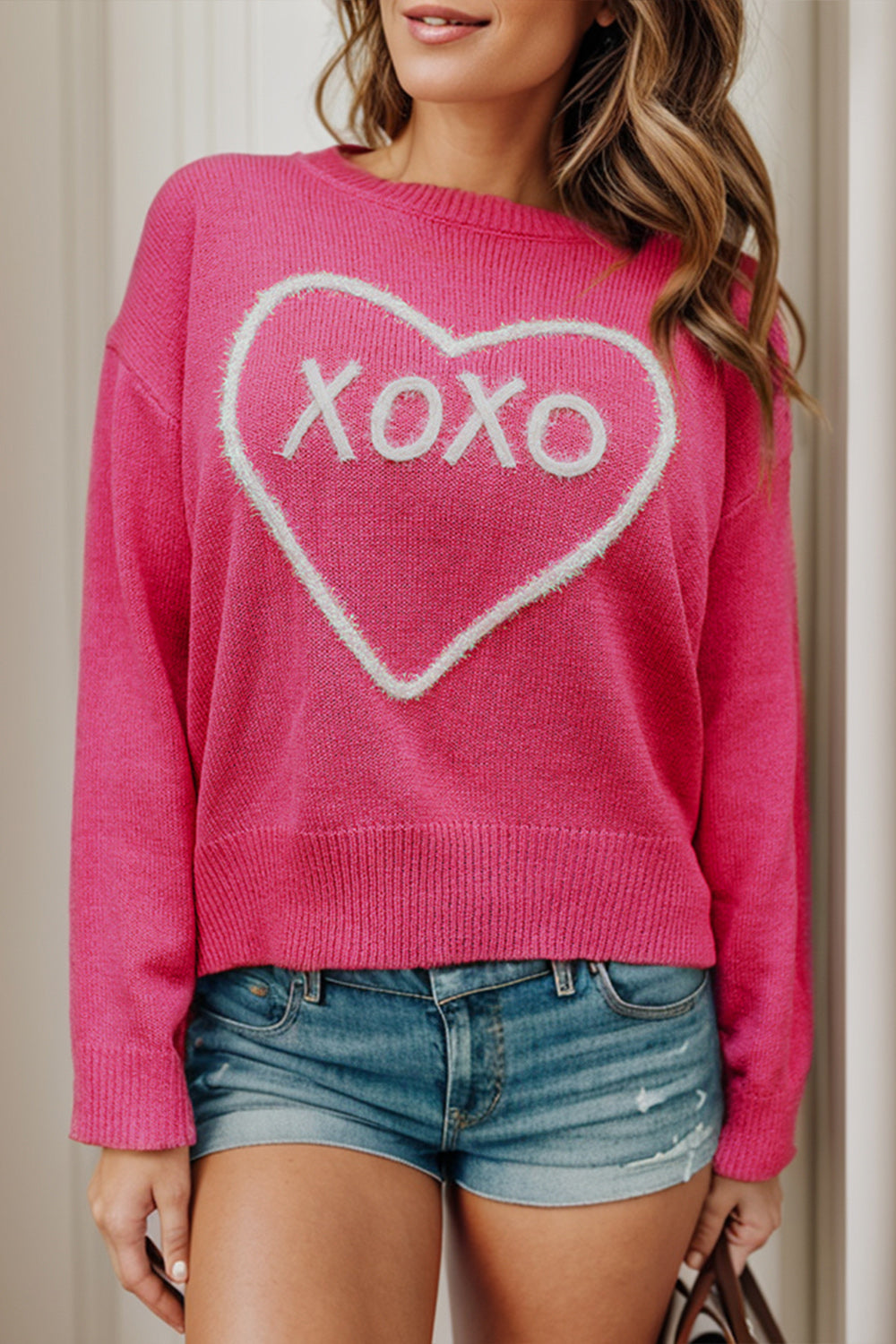 XOXO Heart Round Neck Dropped Shoulder Sweater-Angel Casuals