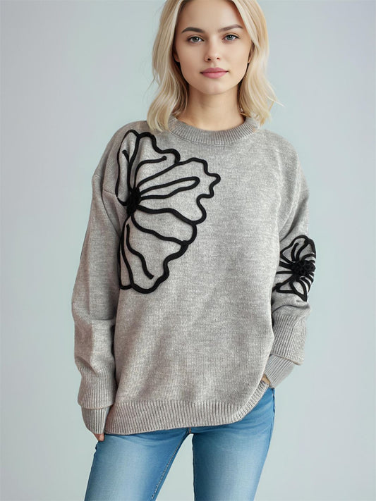 Flower Round Neck Long Sleeve Sweater-Angel Casuals