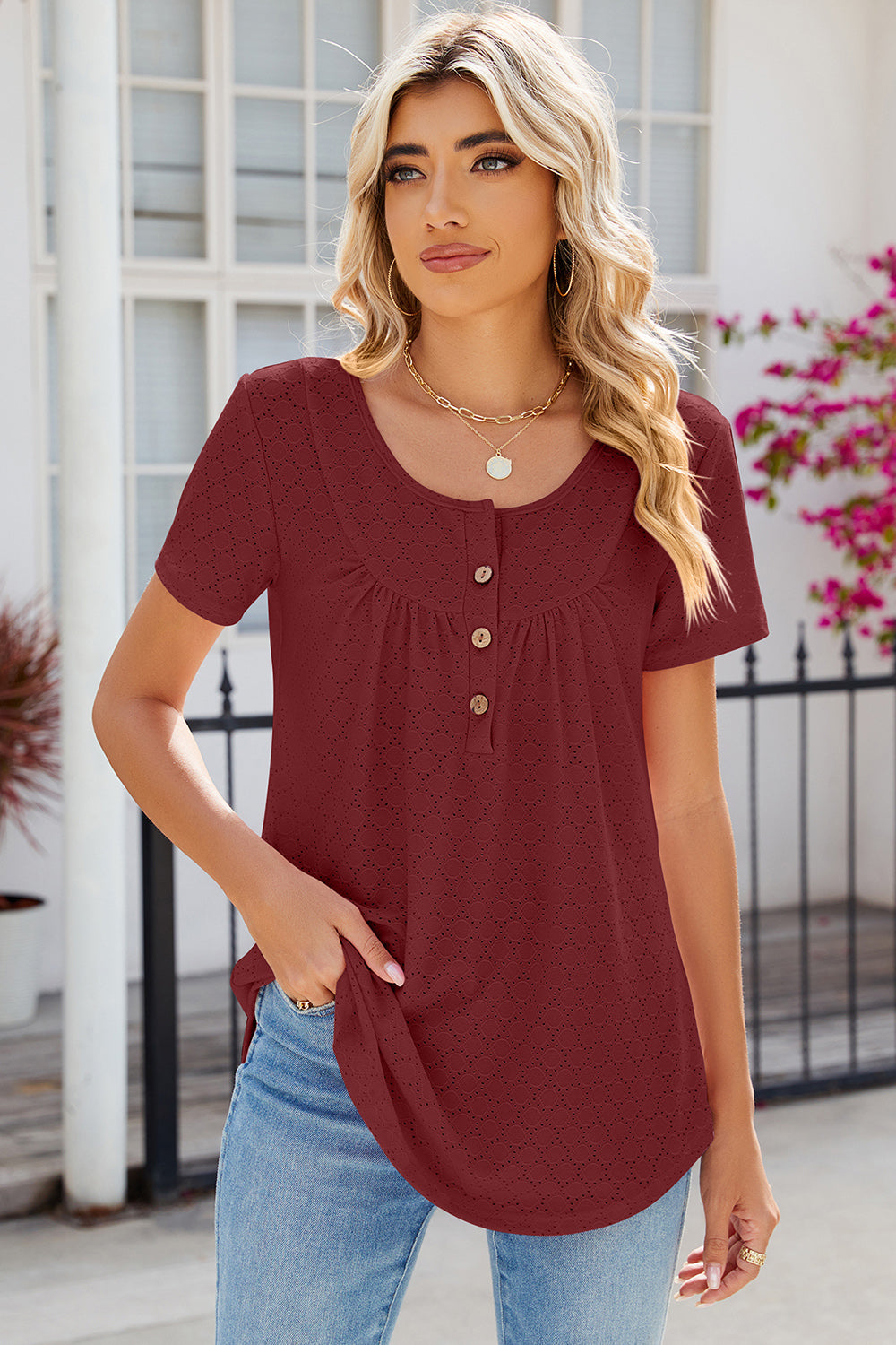 Eyelet Quarter Button Short Sleeve T-Shirt-Angel Casuals
