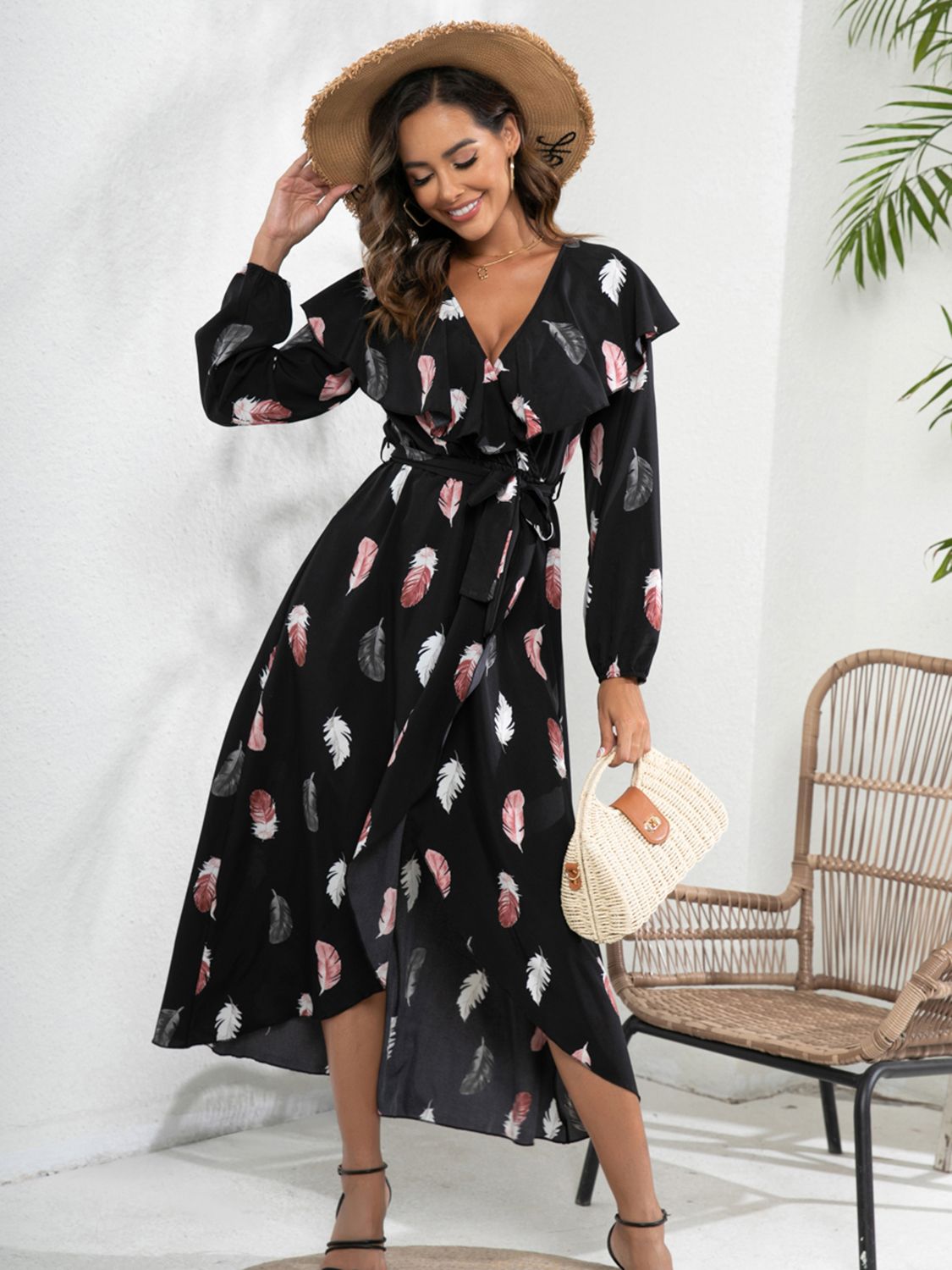 Printed Tie Front Ruffle Trim Long Sleeve Dress-Angel Casuals