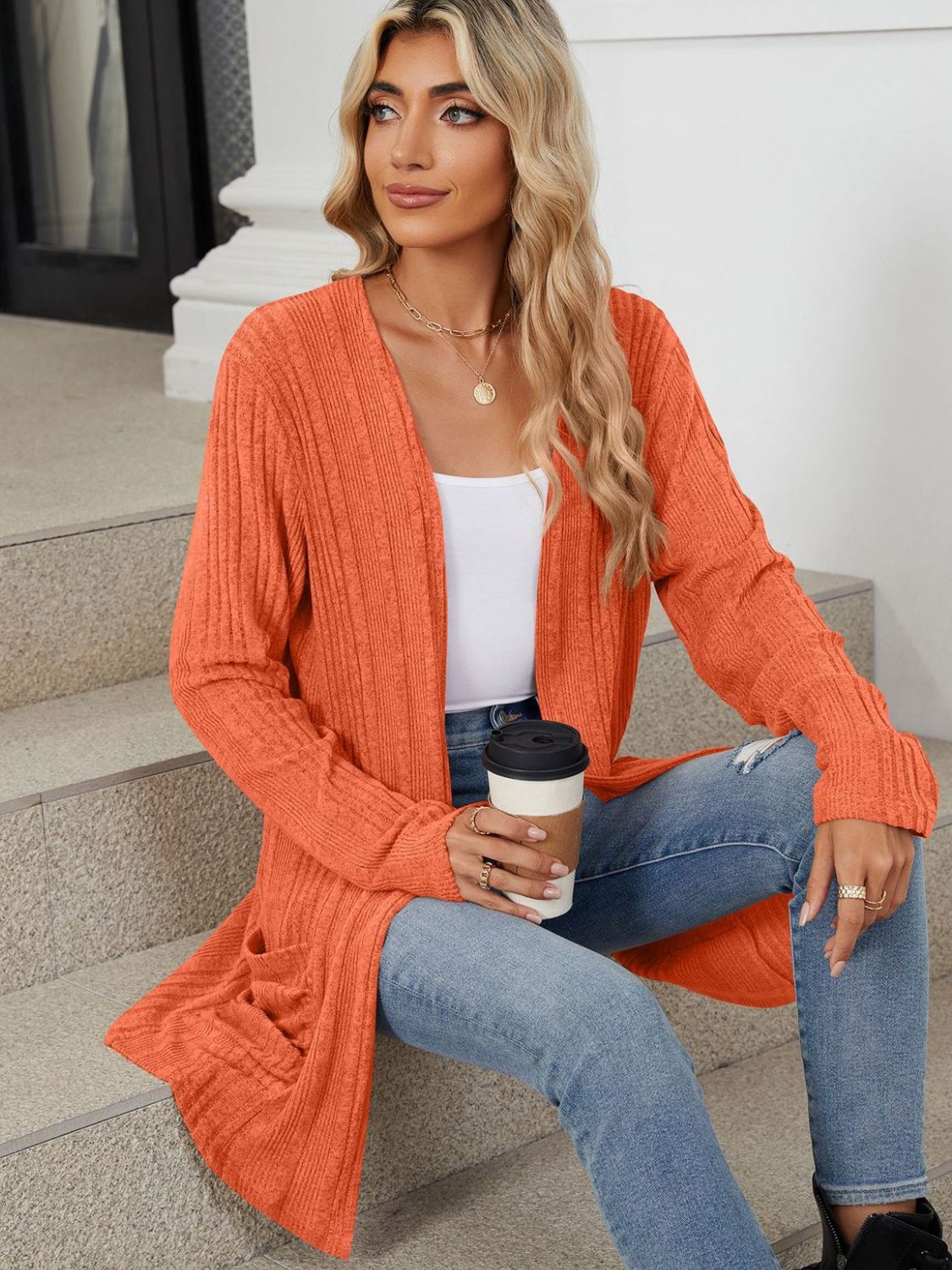 Pocketed Open Front Long Sleeve Cardigan-Angel Casuals