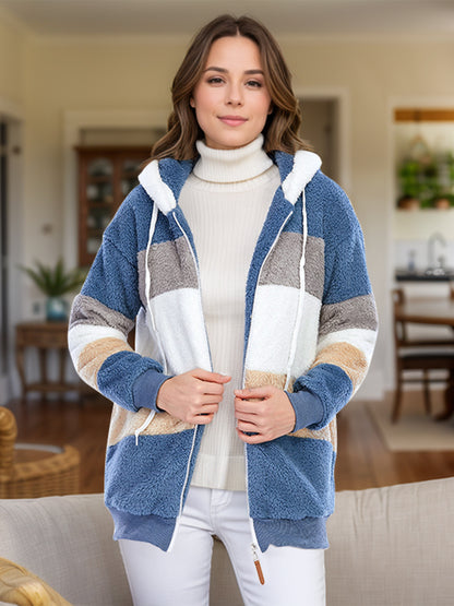 Full Size Drawstring Color Block Zip Up Hooded Outerwear-Angel Casuals