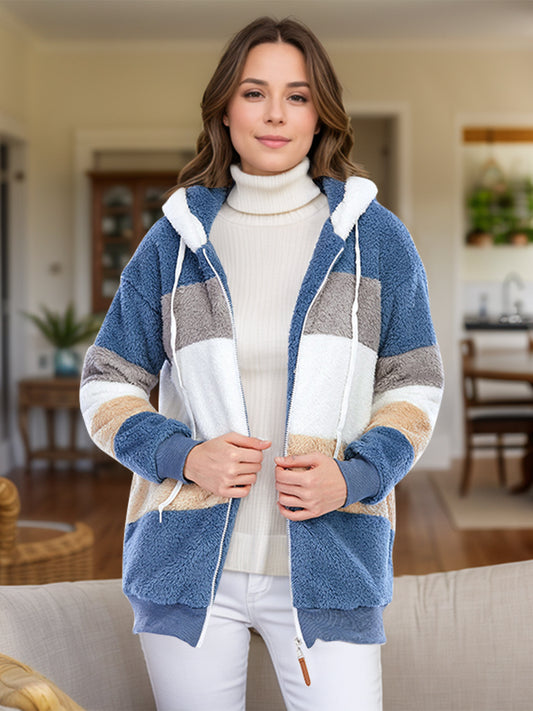Full Size Drawstring Color Block Zip Up Hooded Outerwear-Angel Casuals