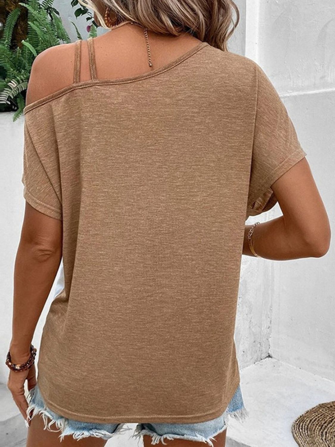 Contrast Asymmetrical Neck Short Sleeve T-Shirt-Angel Casuals