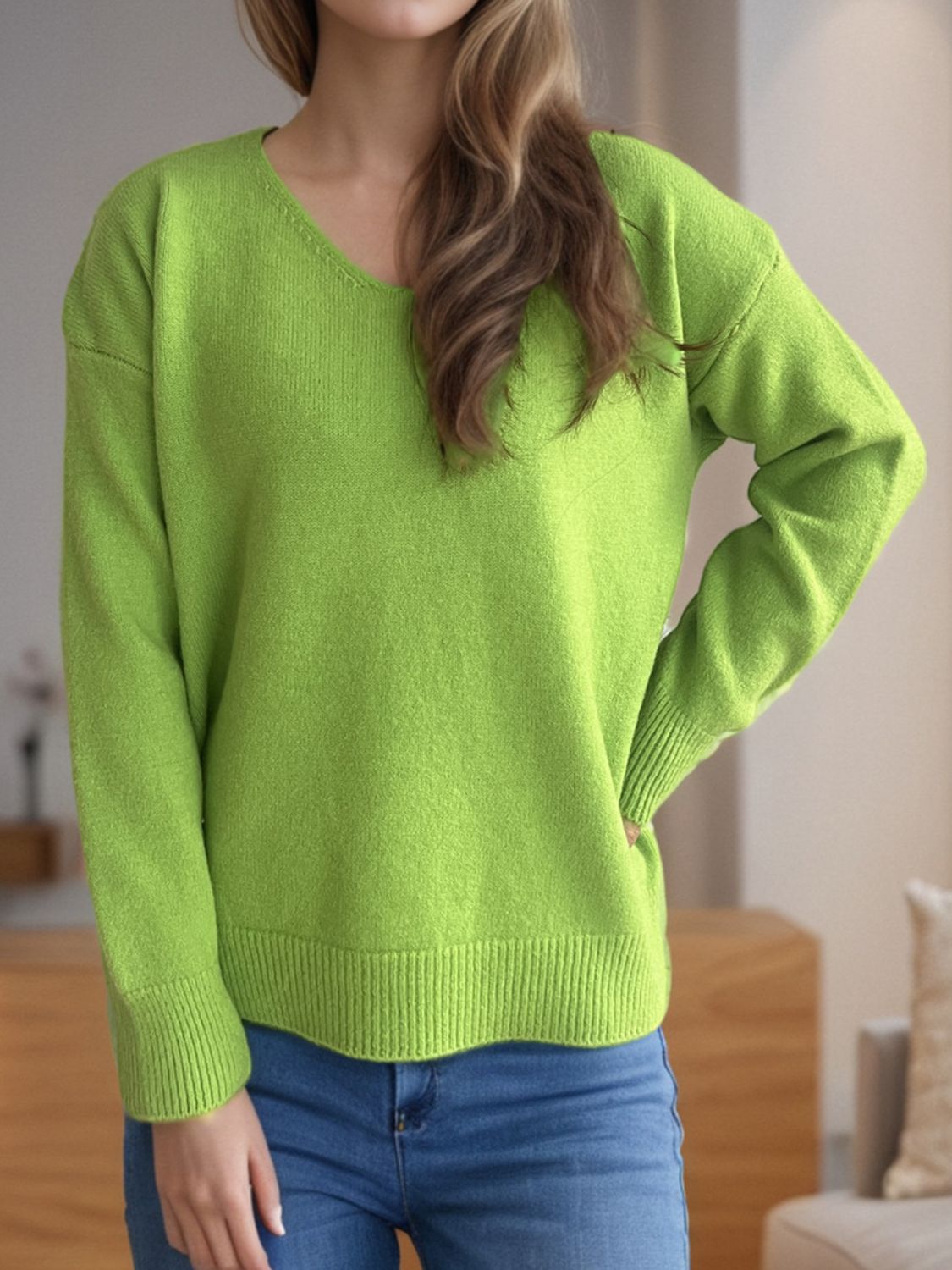 V-Neck Dropped Shoulder Long Sleeve Sweater-Angel Casuals