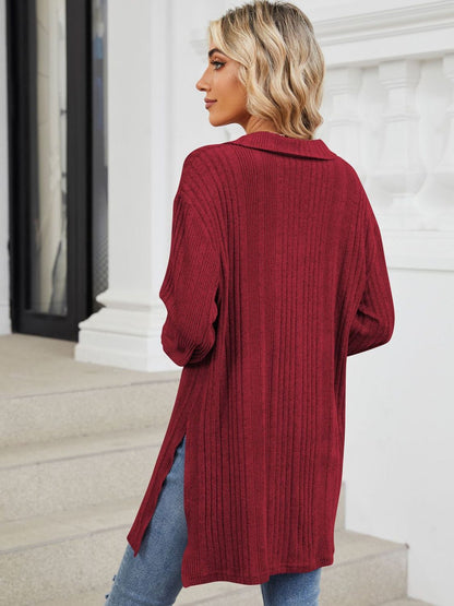 Slit Johnny Collar Long Sleeve T-Shirt-Angel Casuals