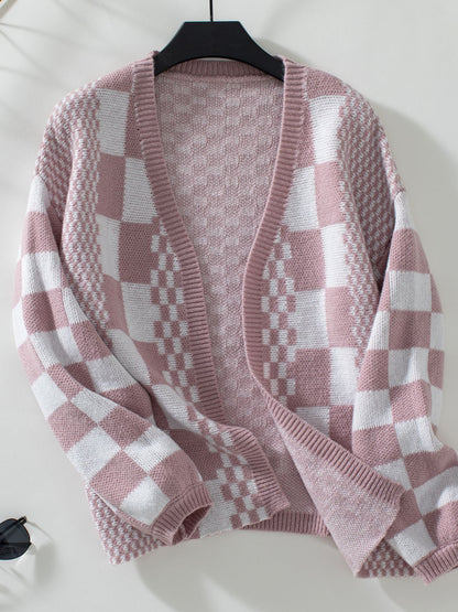 Double Take Checkered Open Front Dropped Shoulder Cardigan-Angel Casuals
