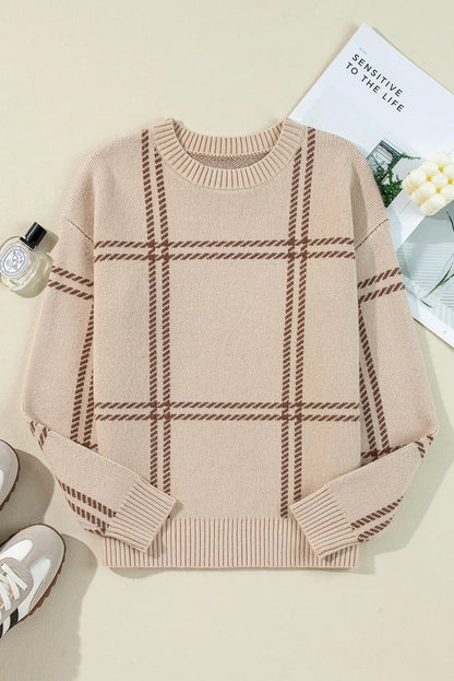 Plaid Round Neck Dropped Shoulder Sweater-Angel Casuals