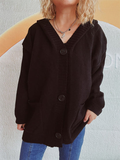 Dropped Shoulder Long Sleeve Hooded Cardigan-Angel Casuals