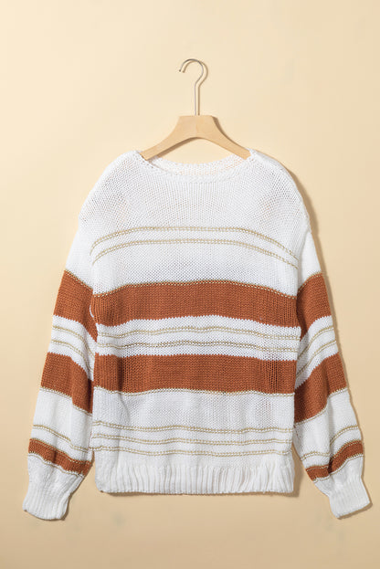 Striped Round Neck Dropped Shoulder Sweater-Angel Casuals