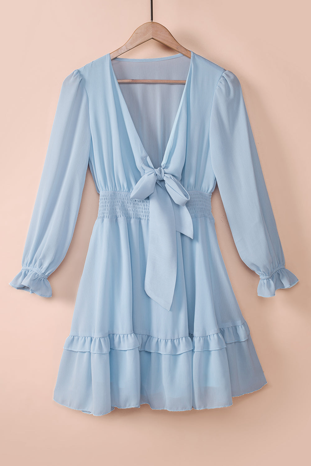 Tied Plunge Smocked Waist Flounce Sleeve Dress-Angel Casuals