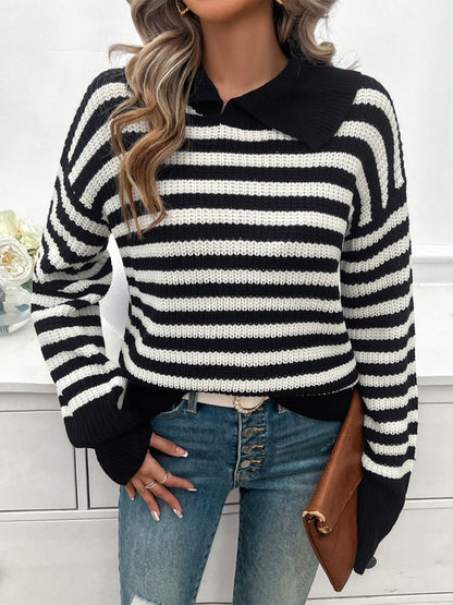 Devine Striped Collared Neck Long Sleeve Sweater-Angel Casuals
