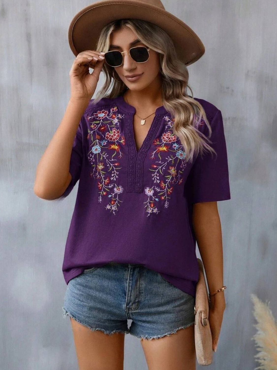 Embroidered Notched Short Sleeve T-Shirt-Angel Casuals