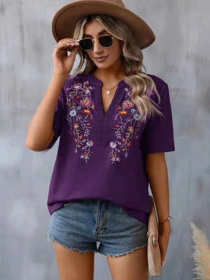 Embroidered Notched Short Sleeve T-Shirt-Angel Casuals