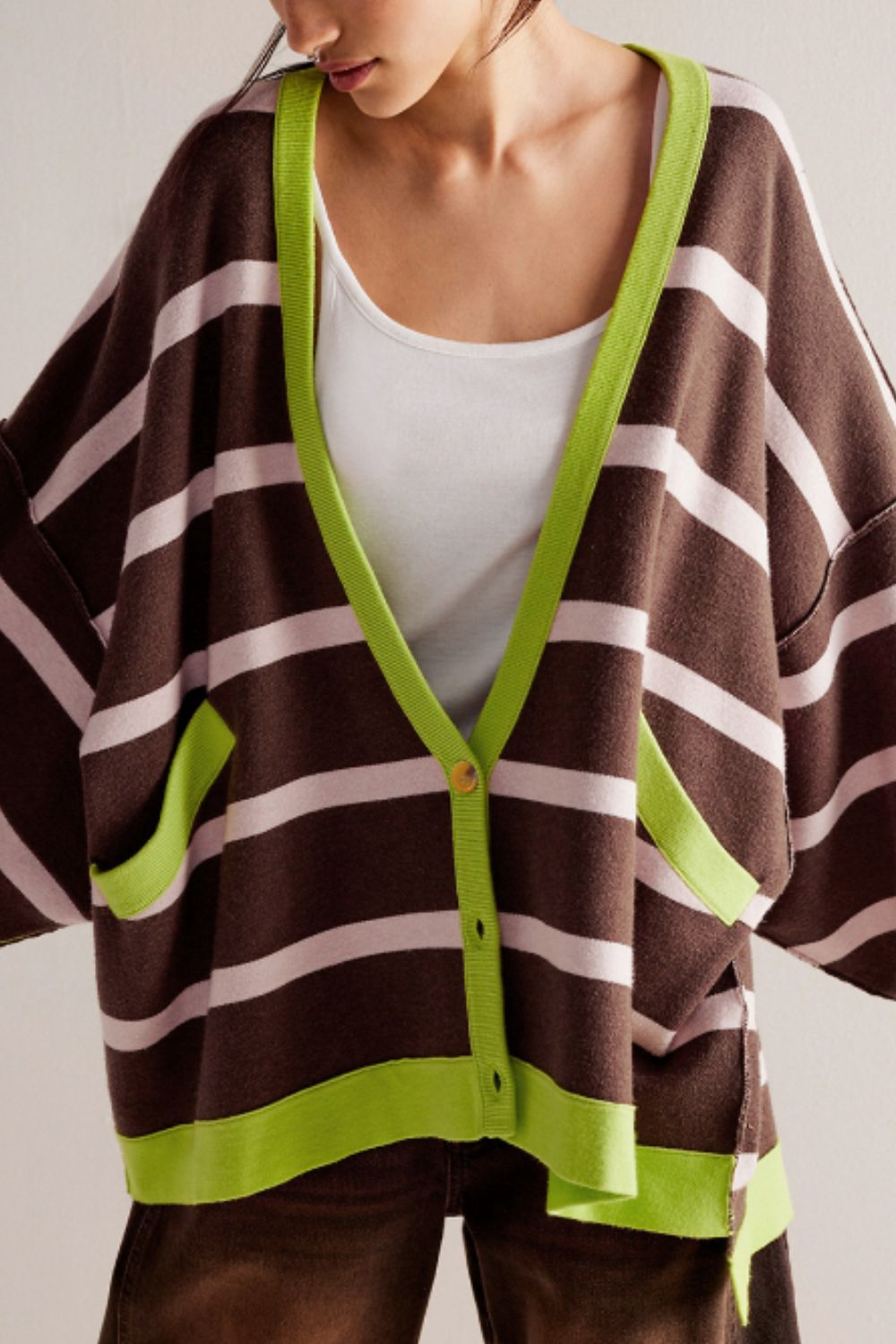 Contrast Stripes Button Down Long Sleeve Cardigan-Angel Casuals