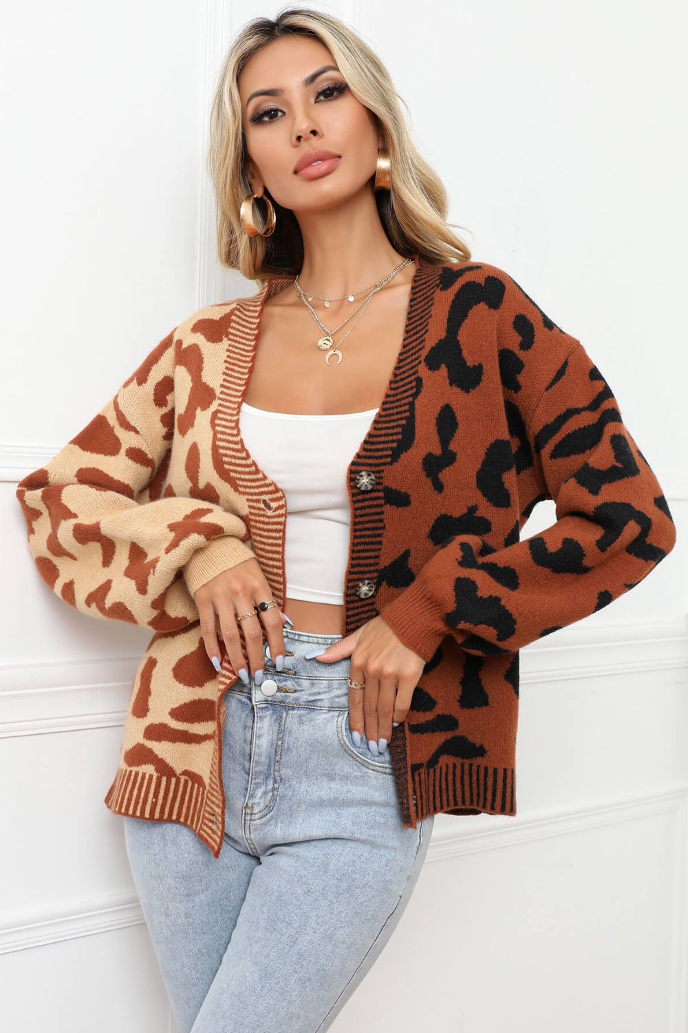 Leopard Button Front Ribbed Trim Cardigan-Angel Casuals