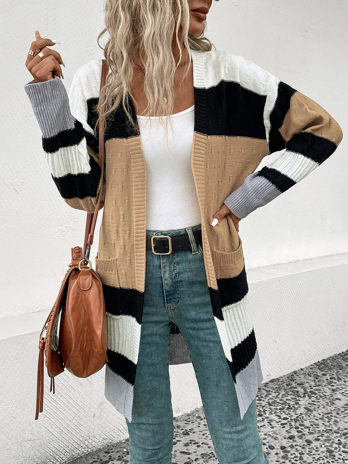 Perfee Color Block Open Front Drop Shoulder Cardigan-Angel Casuals