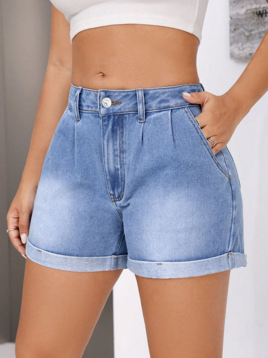 Rolled Hem Mid-Rise Waist Denim Shorts-Angel Casuals