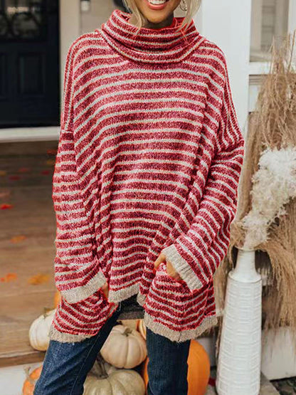 Striped Turtleneck Sweater with Pockets-Angel Casuals