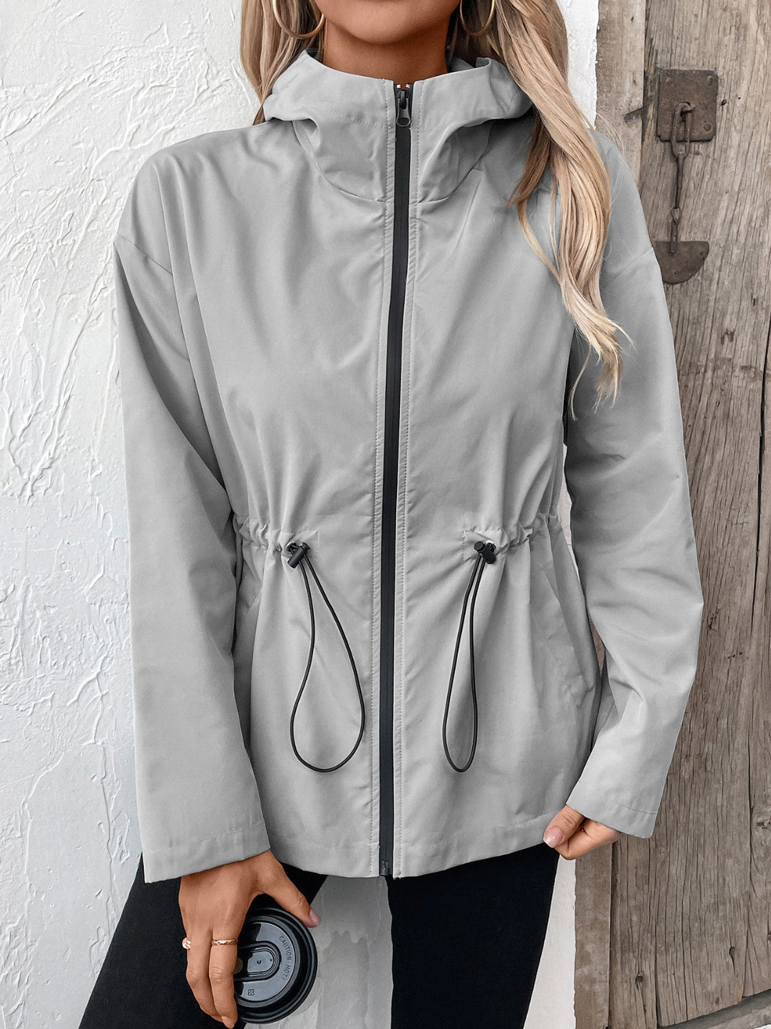 Ivy Lane Drawstring Zip Up Hooded Jacket-Angel Casuals