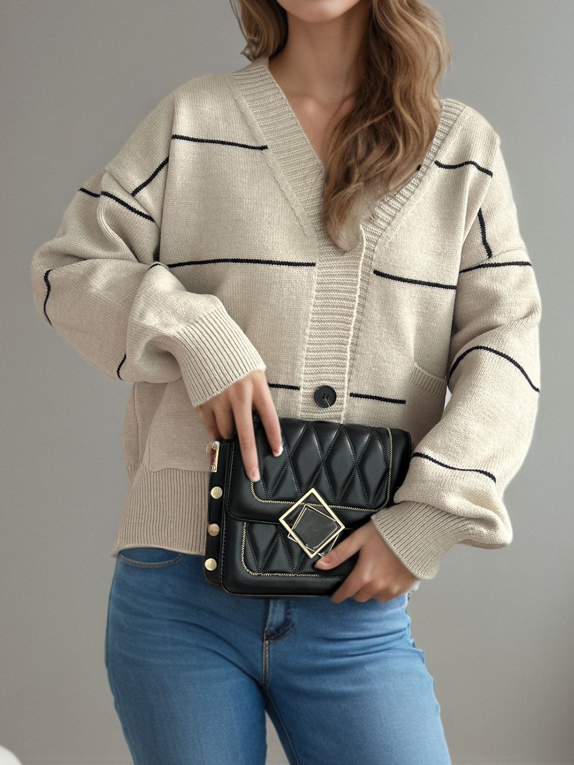 Striped Button Down V-Neck Long Sleeve Cardigan-Angel Casuals