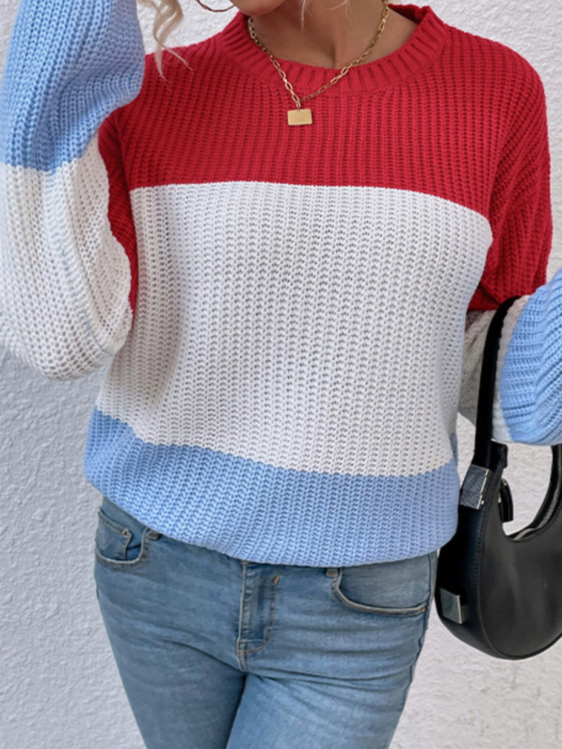 Color Block Round Neck Sweater-Angel Casuals