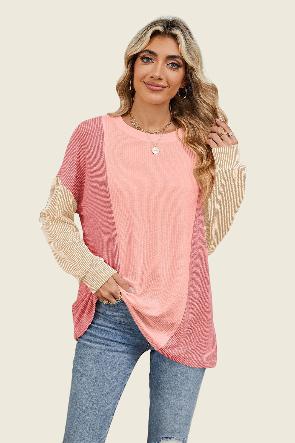 Double Take Texture Contrast Round Neck Long Sleeve T-Shirt-Angel Casuals