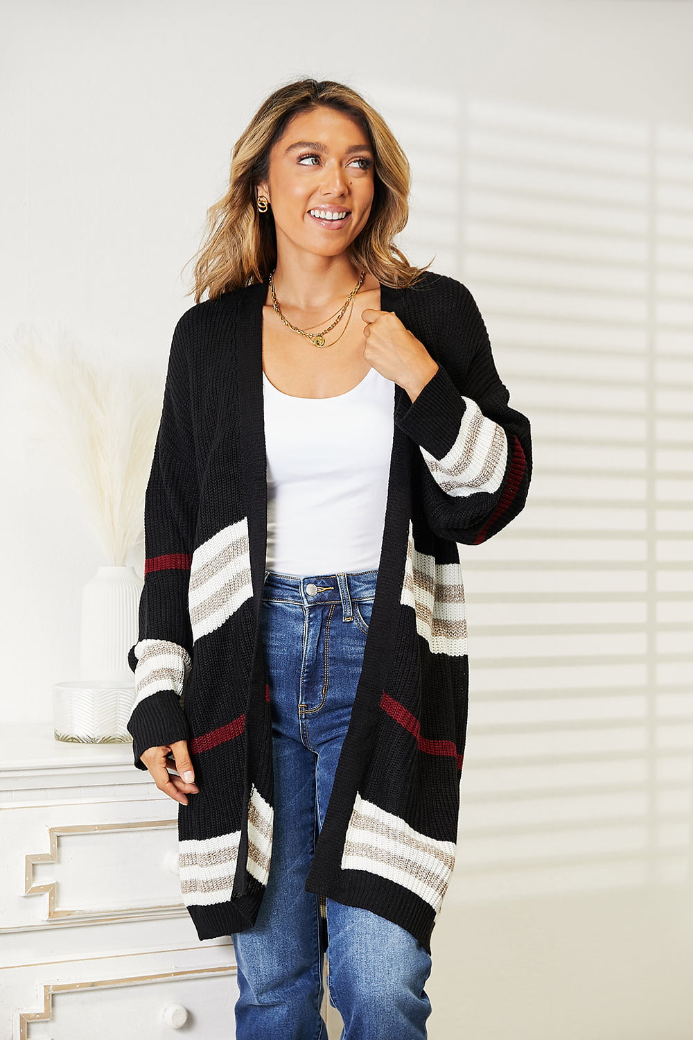 Striped Rib-Knit Drop Shoulder Open Front Cardigan-Angel Casuals