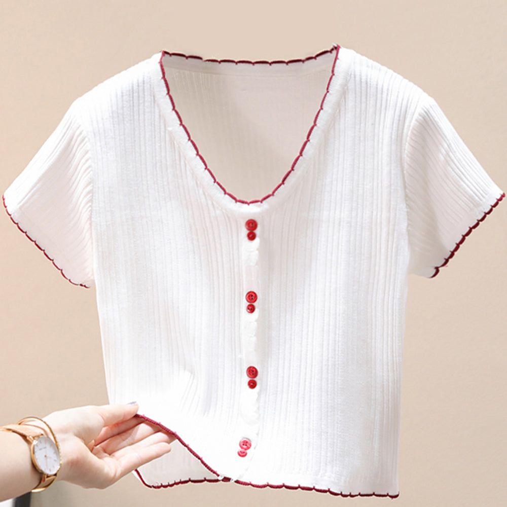 Contrast Decorative Button Short Sleeve Knit Top-Angel Casuals