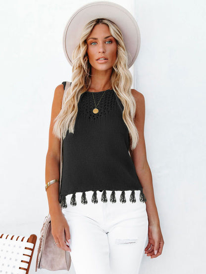 Cutout Tassel Round Neck Tank-Angel Casuals