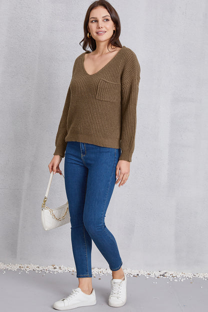 V-Neck Pocketed Dropped Shoulder Knit Top-Angel Casuals