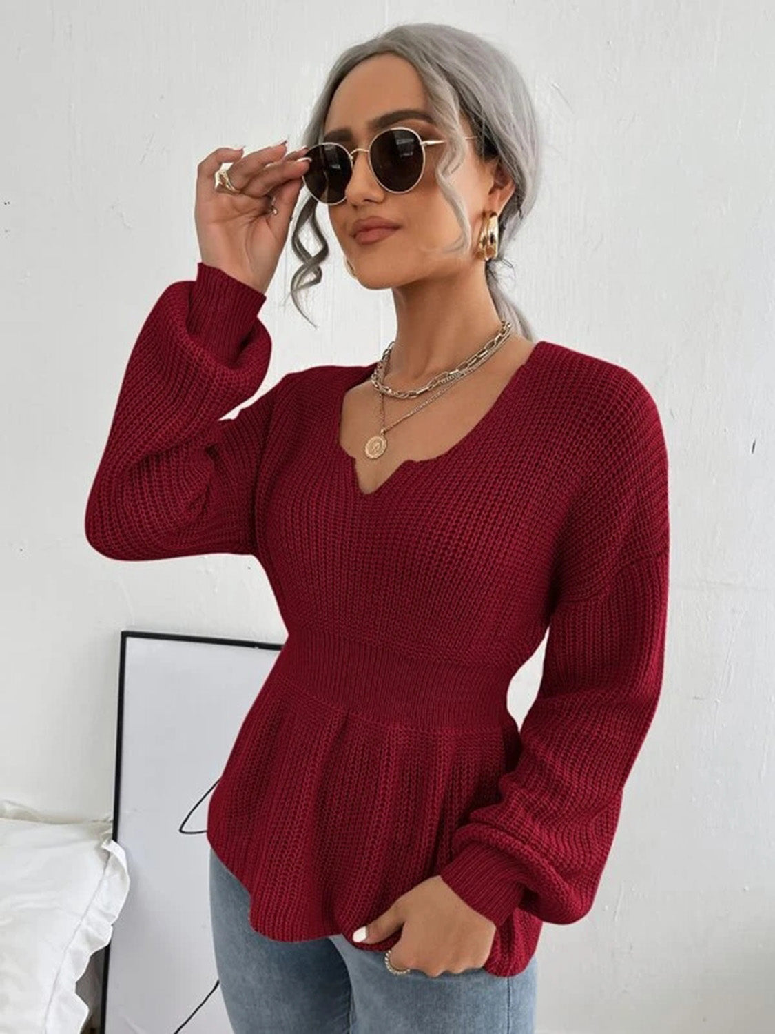 Notched Dropped Shoulder Knit Top-Angel Casuals