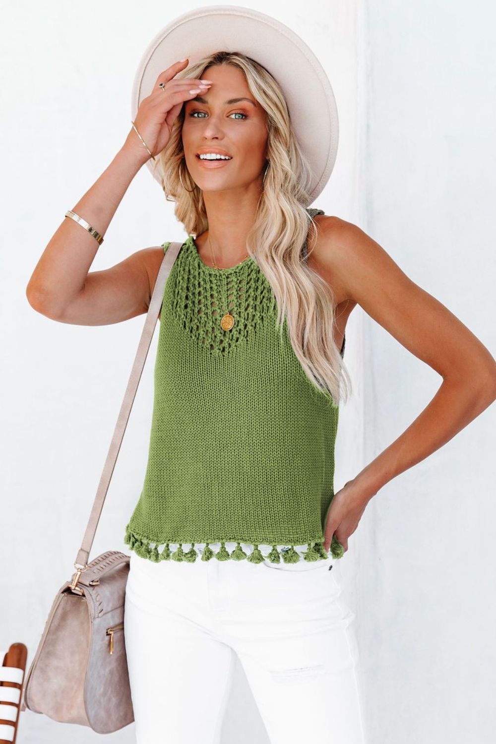 Openwork Tassel Hem Knit Tank-Angel Casuals