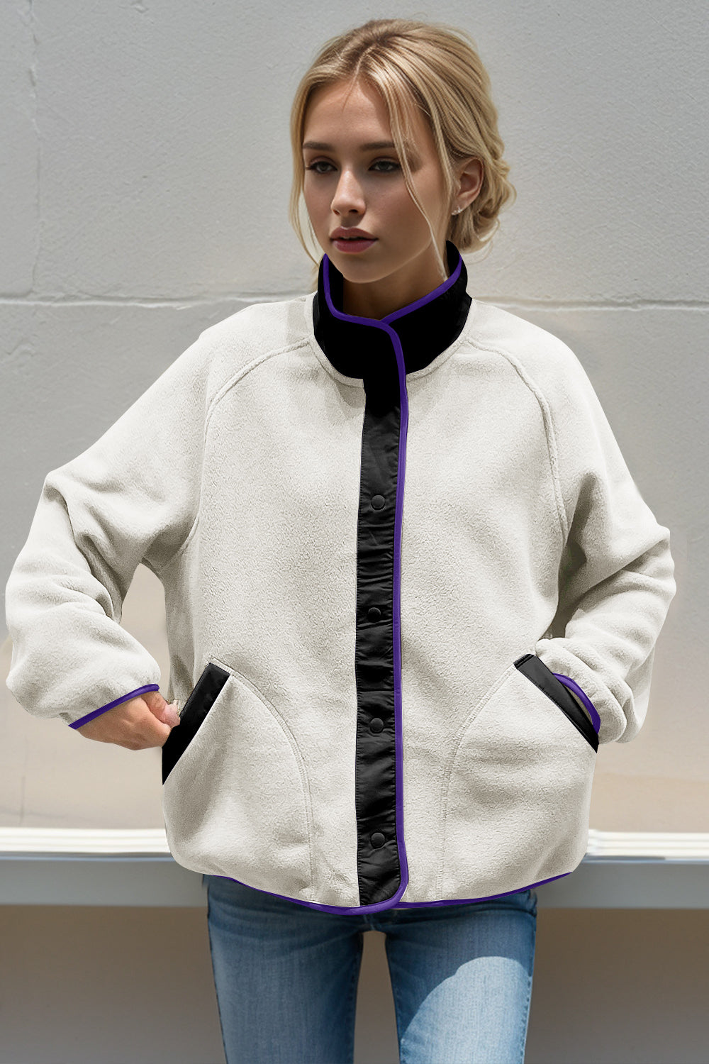 Double Take Snap Down Contrast Fleece Jacket with Pockets-Angel Casuals