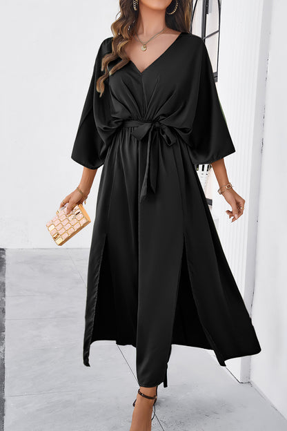 Slit Tied V-Neck Three-Quarter Sleeve Dress-Angel Casuals