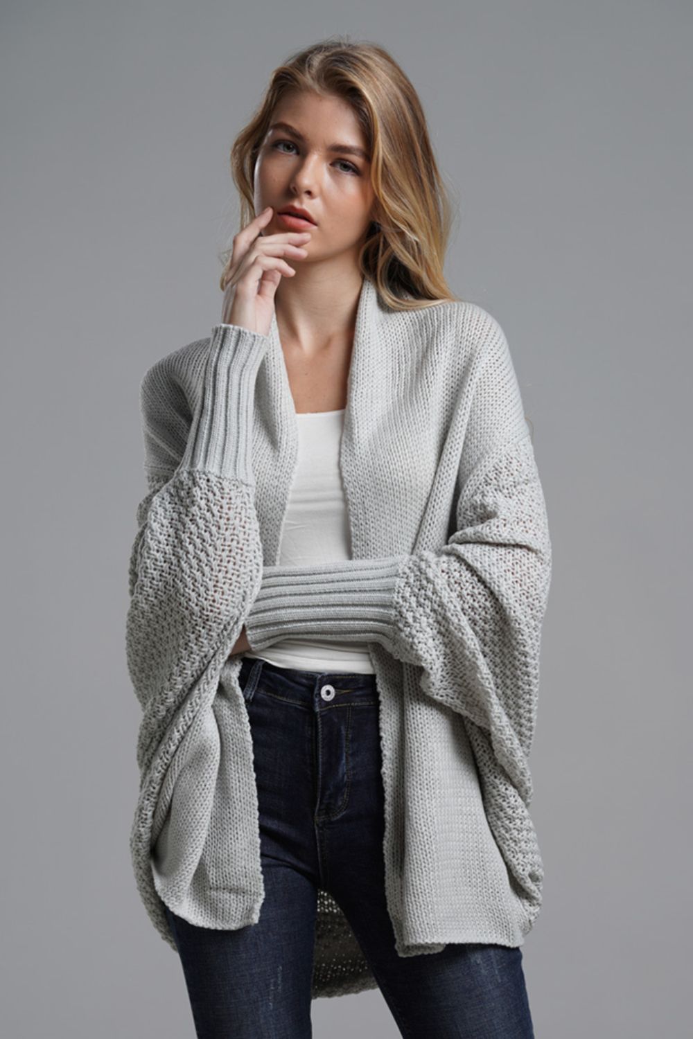 Dolman Sleeve Open Front Ribbed Trim Longline Cardigan-Angel Casuals