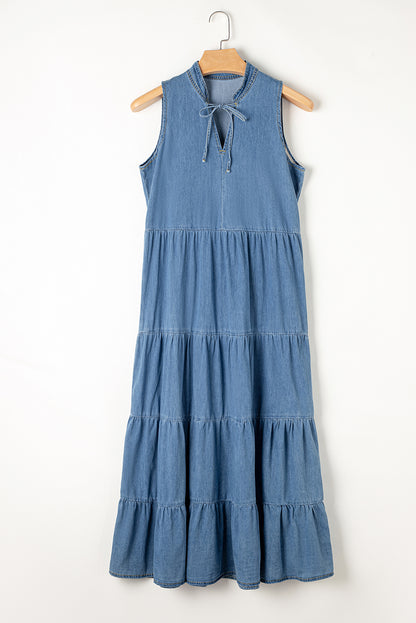 Tie Neck Sleeveless Denim Dress-Angel Casuals