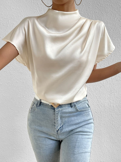 Ruched Mock Neck Short Sleeve Blouse-Angel Casuals